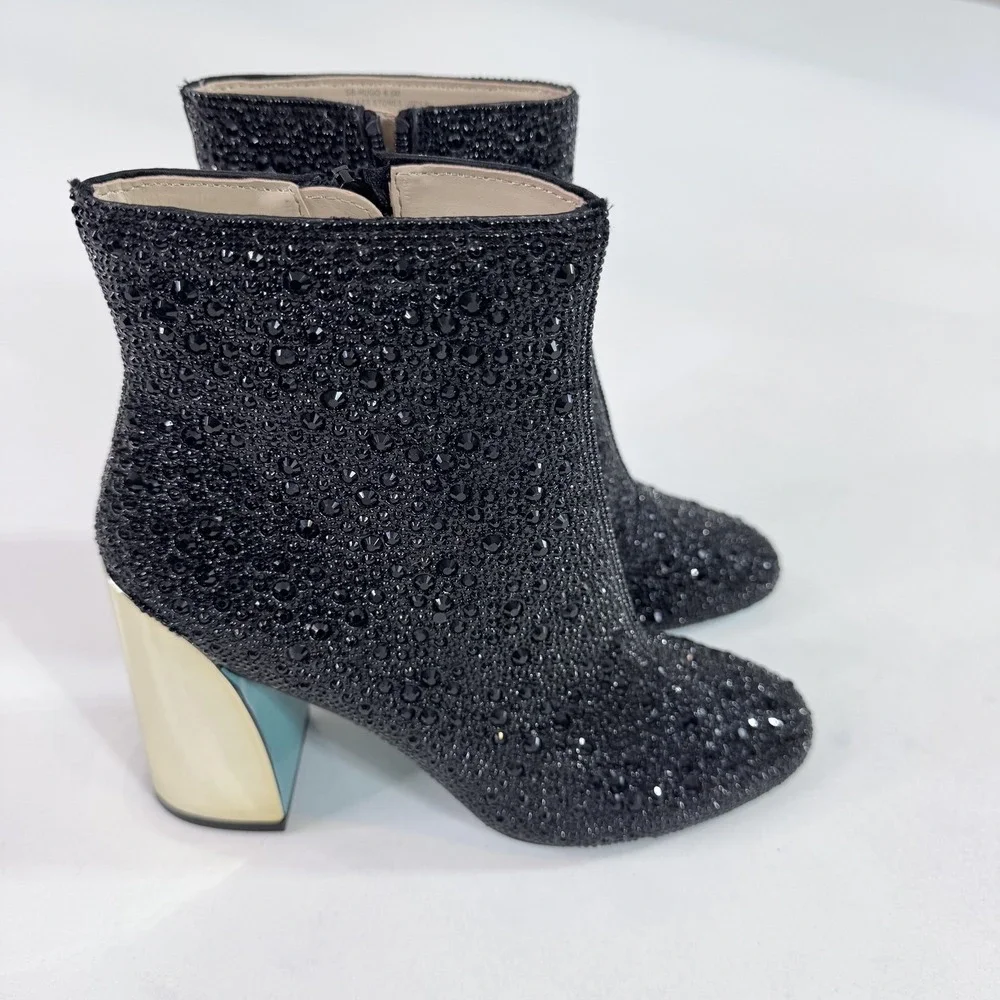 Betsey Johnson Boots Womens Size 6.5 Black Rhinestone Ankle Block Heel SB-HUGO
